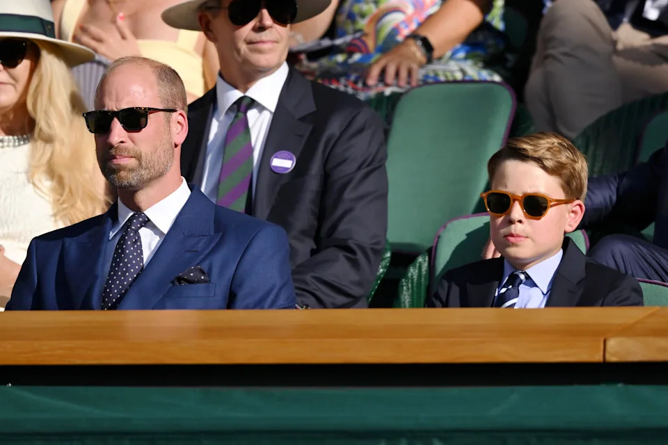 LONDON, ENGLAND - JULY 13: Prince William, Prince of Wales and Prince George of Wales attend day fourteen of the Wimbledon Tennis Championships at the All England Lawn Tennis and Croquet Club at All England Lawn Tennis and Croquet Club on July 13, 2025 in London, England. (Photo by Karwai Tang/WireImage)