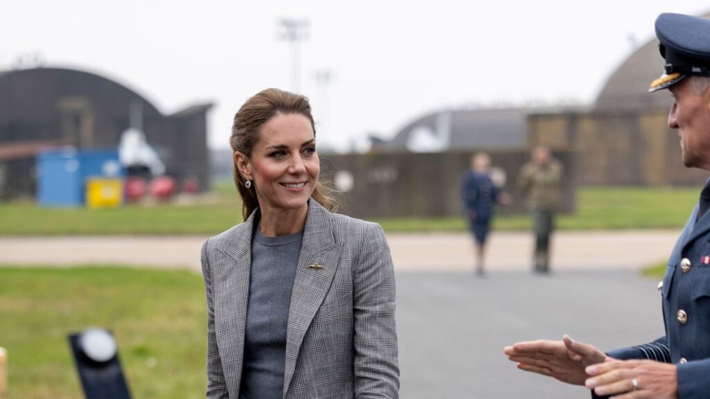 Kate Middleton cuts a polished figure in a grey Bella Freud suit for historic visit to an RAF station