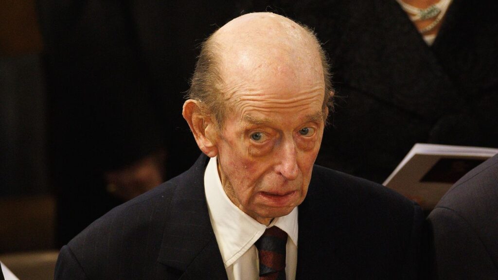 The Duke of Kent pays tribute at the funeral of Field Marshal Lord Guthrie of Craigiebank as he returns to Westminster Cathedral following the death of his wife, the Duchess of Kent