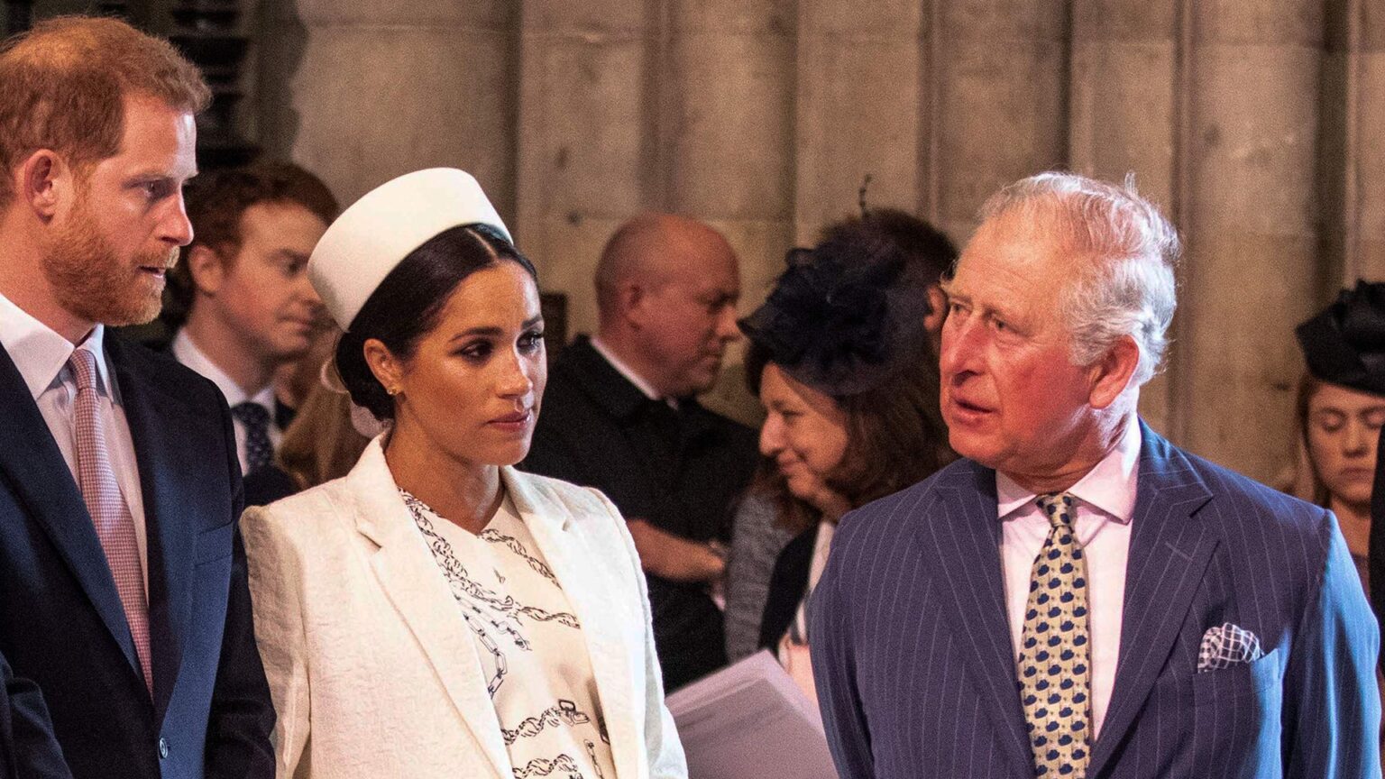 Britain's Meghan, Duchess of Sussex (2R) talks with Britain's Prince Charles, Prince of Wales (R) as Britain's Prince William, Duke of Cambridge, (L) talks with Britain's Prince Harry, Duke of Sussex, (2L) as they all attend the Commonwealth Day service at Westminster Abbey in London on March 11, 2019. Britain's Queen Elizabeth II has been the Head of the Commonwealth throughout her reign. Organised by the Royal Commonwealth Society, the Service is the largest annual inter-faith gathering in the United Kingdom. (Photo by Richard Pohle / POOL / AFP) (Photo by RICHARD POHLE/POOL/AFP via Getty Images)