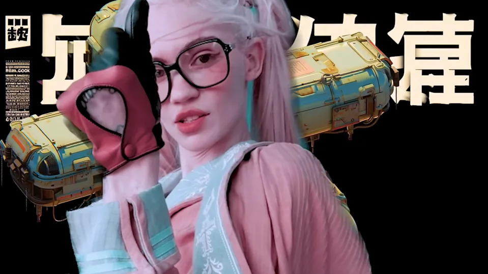 Person posing with hand covering one eye, wearing oversized glasses and an outfit with detailed patterns; futuristic background