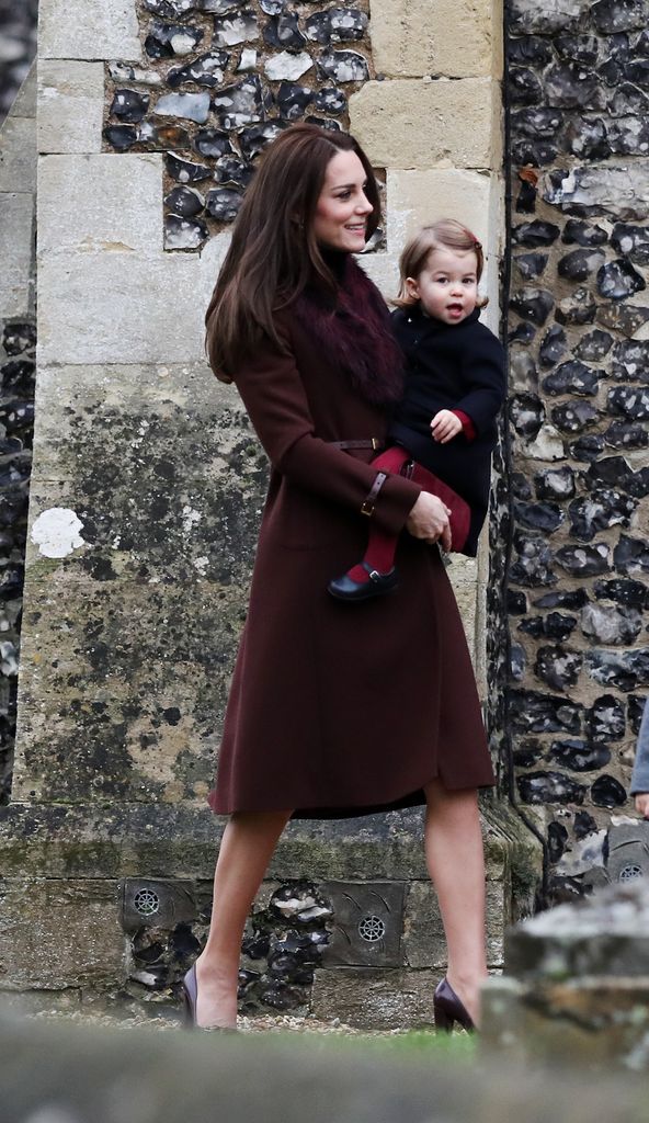 Catherine, Duchess of Cambridge and Princess Charlotte of Cambridge arrive to attend the service at St Mark's Church on Christmas Day on December 25, 2016 in Bucklebury, Berkshire.  (Photo by Andrew Matthews - WPA Pool/Getty Images)
