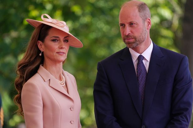 Princess Catherine and Prince William  welcome French President Emmanuel Macron and his wife Brigitte Macron (not pictured) to Windsor Castle on July 8, 2025 in Windsor