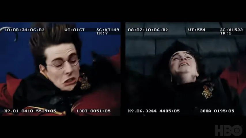 Split screen of two film scenes showing a character in glasses falling, with text overlays displaying technical time codes and information
