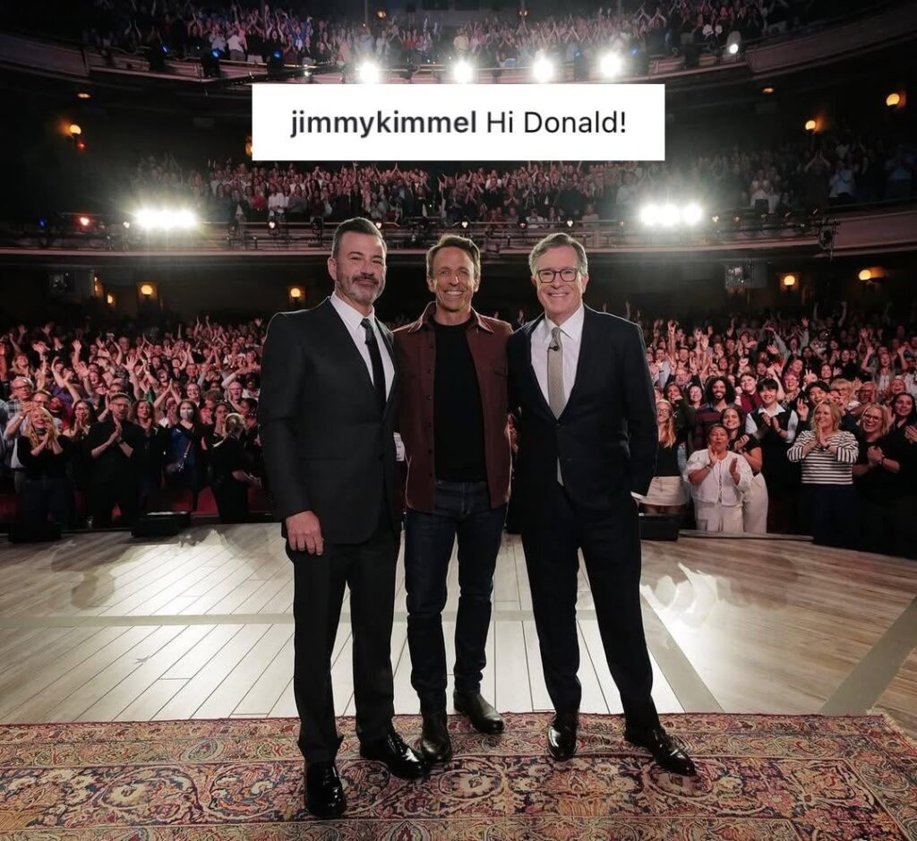 Late night hosts Jimmy Kimmel, Seth Meyers & Stephen Colbert together in a new IG post: “Hi Donald!”