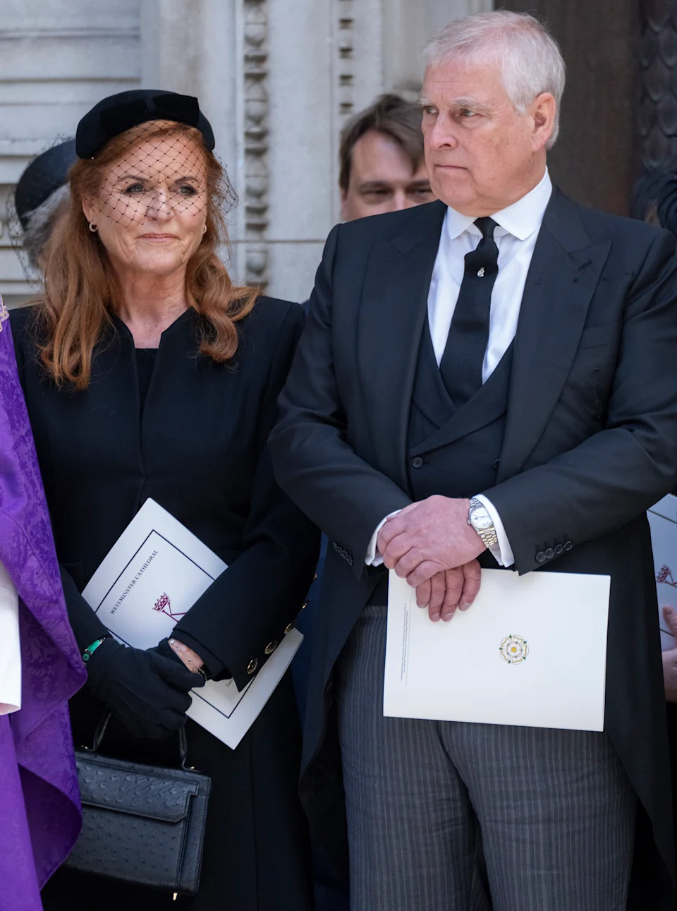 Sarah Ferguson and Prince Andrew wearing black outfits at the Duchess of Kent's funeral