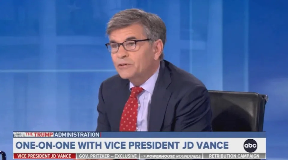 A man in a suit and red polka dot tie discusses politics on a TV news program. Text on screen mentions VP JD Vance and Governor Pritzker