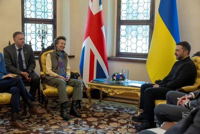 Thomas Peter - Pool/Getty Princess Anne and President Volodymyr Zelenskyy in Kyiv, Ukraine on Sept. 30, 2025.