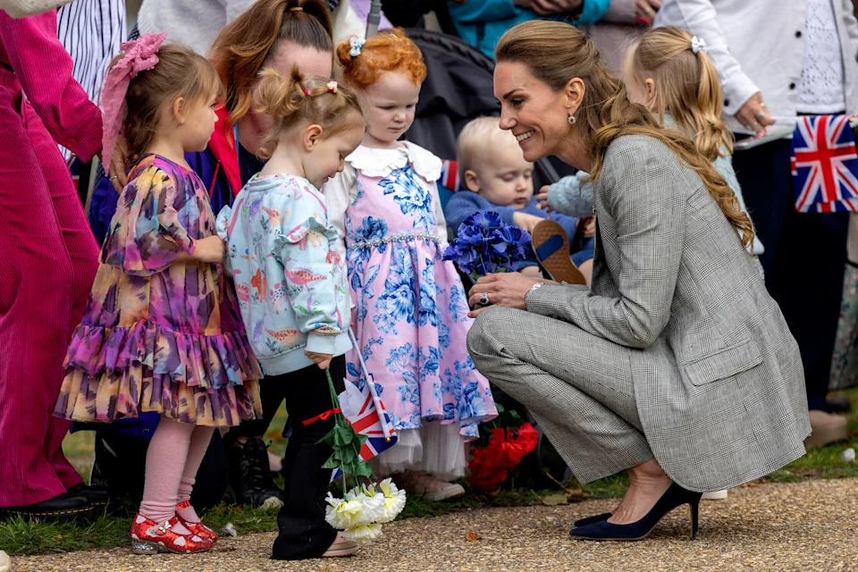 Britain's Catherine, Princess of Wales meets children during a visit to RAF Coningsby in Lincolnshire, eastern England, on October 2, 2025. (Photo by James Glossop / POOL / AFP) (Photo by JAMES GLOSSOP/POOL/AFP via Getty Images)
