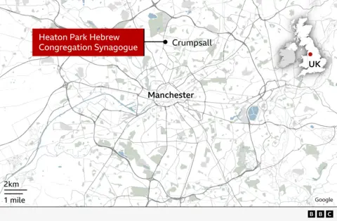 A map showing the synagogue in the north of Manchester 