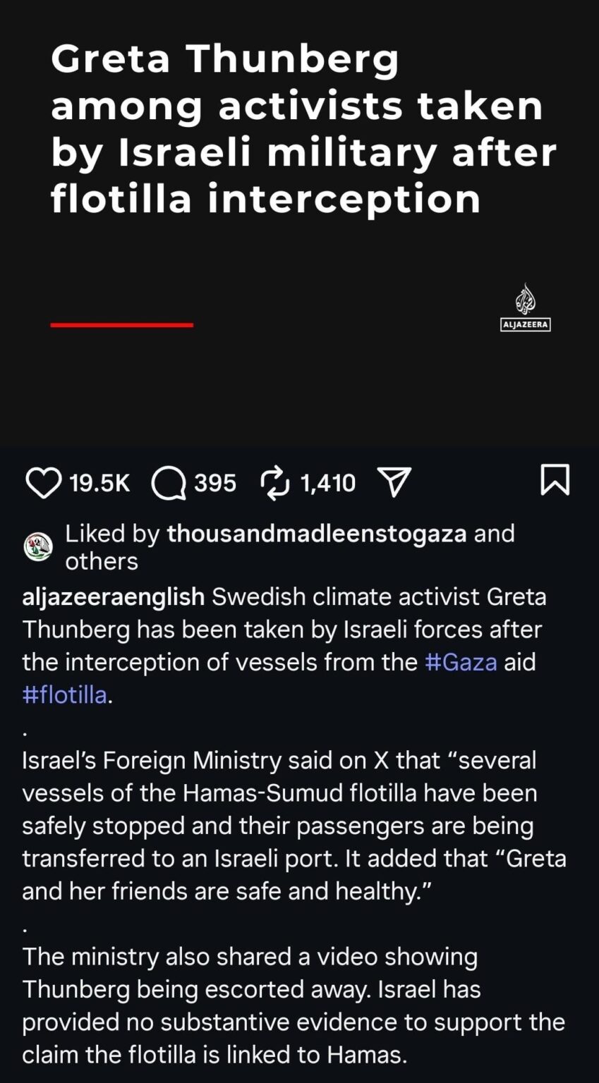 Greta Thunberg among activists taken by Israeli military after flotilla interception