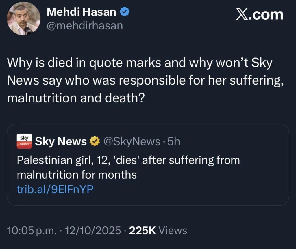 Mehdi Hasan calls out Sky News for their diabolical reporting on the death of a 12 year old Palestinian due to Israel starving the population