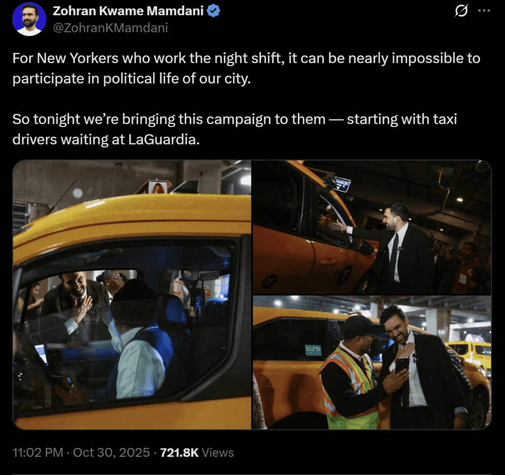 Zohran Mandani making an effort to reach out directly to night-shift workers. It's been a long time we've seen a politician who's so good at this.