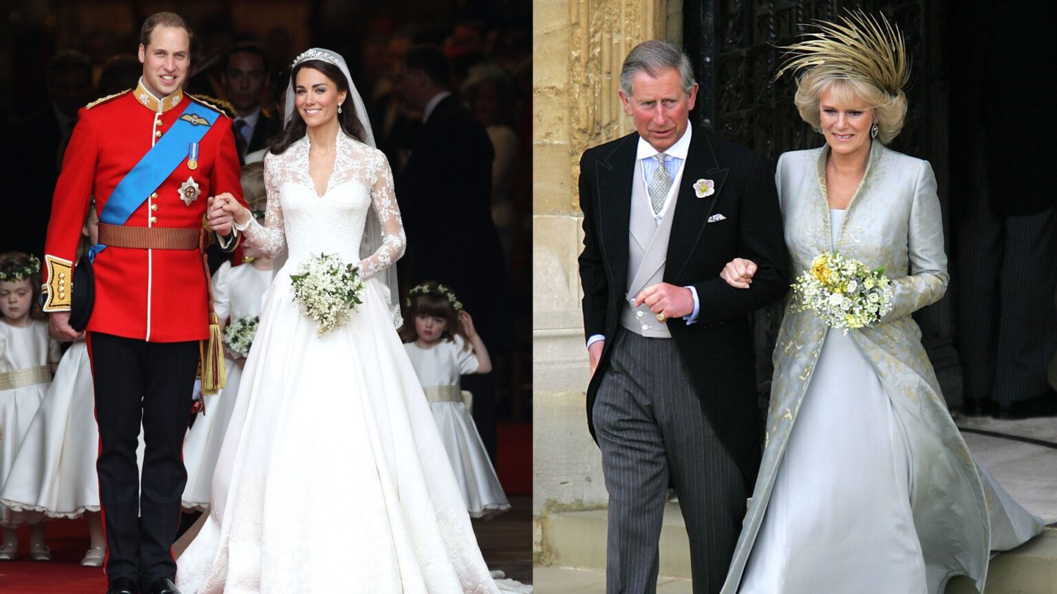 Prince William and Kate Middleton on their wedding day; Prince Charles and Camilla Parker Bowles on their wedding day