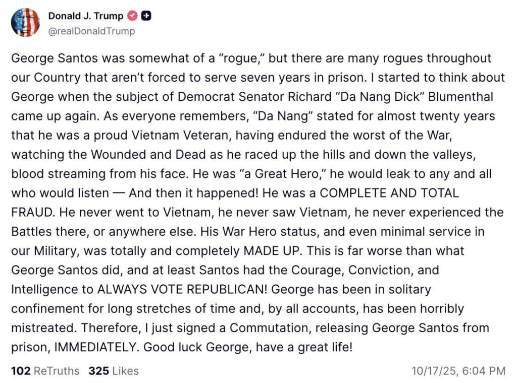 Trump says he has commuted the sentence of former US Rep. George Santos in federal fraud case.