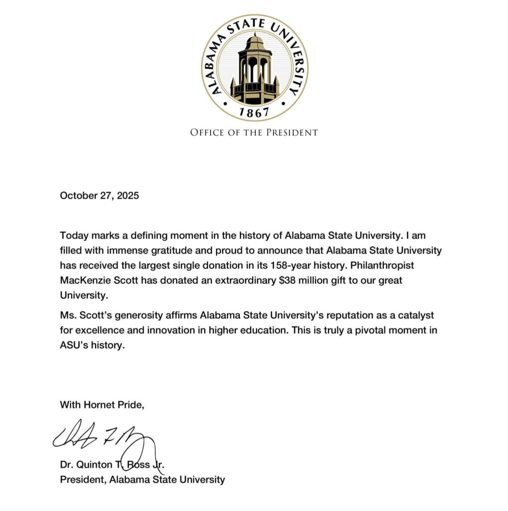 Alabama State University received a $38 million gift yesterday from MacKenzie Scott, the largest single gift in the HBCU's 158-year history.