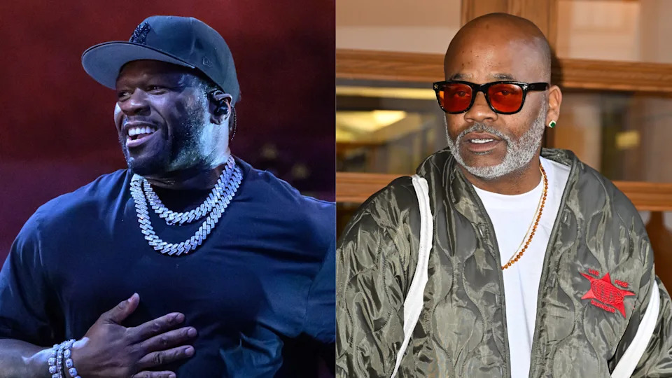50 Cent smiling in a cap and chains, and Dame Dash wearing sunglasses and a jacket, both in separate images.