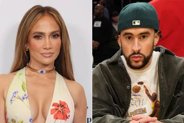 Robin L Marshall/Getty; Jim Poorten/NBAE via Getty Jennifer Lopez and Bad Bunny