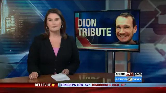 News anchor stands by a screen showing "Dion Tribute" with a man's smiling photo. Broadcast includes weather info below