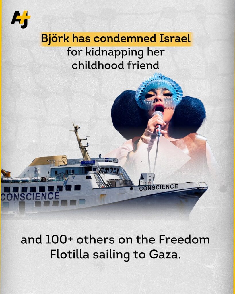 Björk calls out the kidnapping of childhood friend and fellow Icelandic singer Magga Stína by the Israeli occupation forces. Stína is among the 145 Freedom Flotilla Coalition activists Israel kidnapped yesterday.
