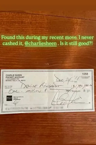 Denise Richards/Instagram Denise Richards shares look at check from Charlie Sheen