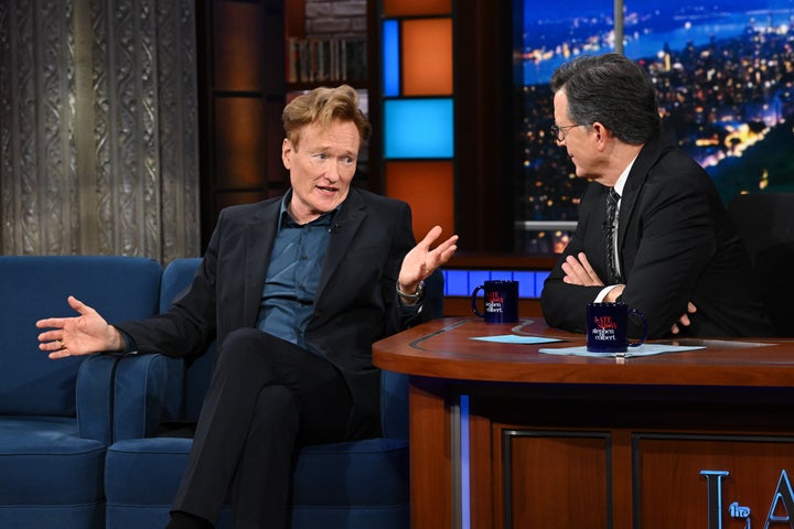 "In 28 years of my show, I never read the news," Conan O'Brien joked to Stephen Colbert.