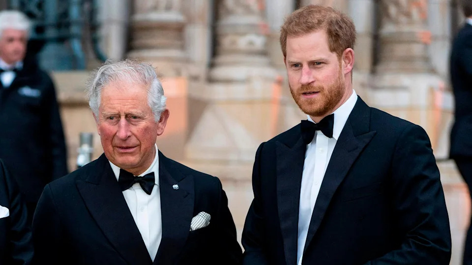 (L-R) Britain's Prince William, Duke of Cambridge, British naturalist, documentary maker and broadcaster David Attenborough, Britain's Prince Charles, Prince of Wales and Britain's Prince Harry, Duke of Sussex, pose upon arrival for the Global Premiere of 