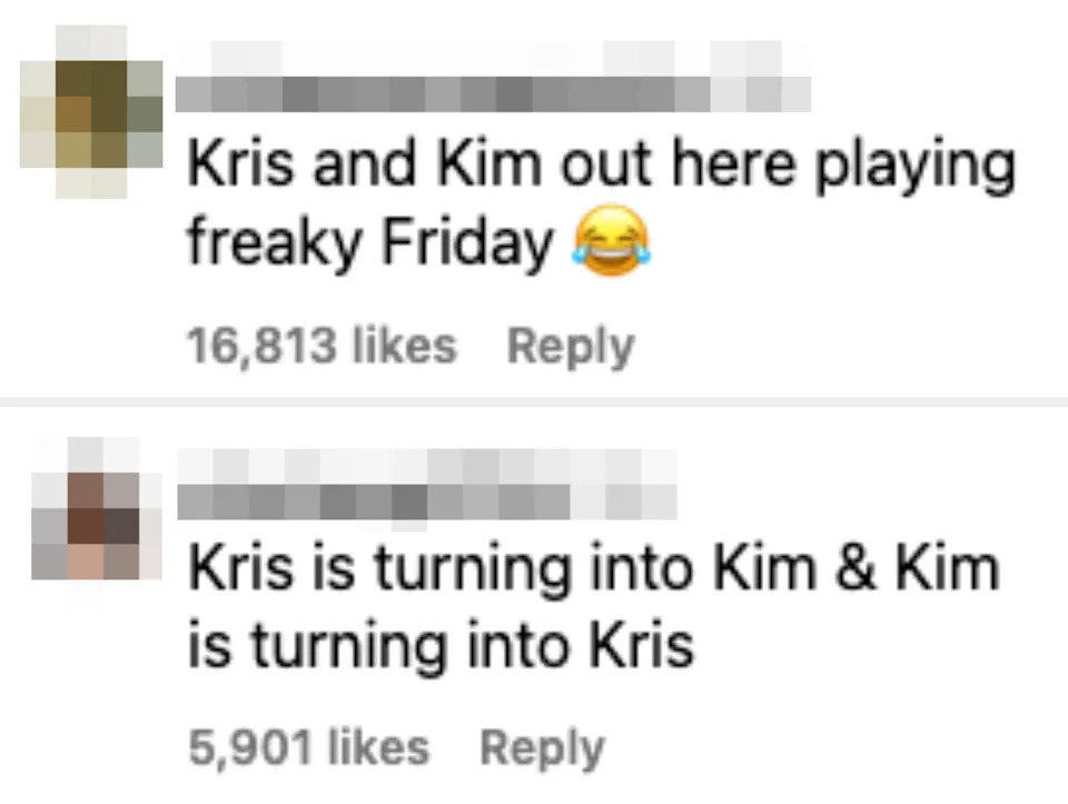 Comment suggests Kris and Kim are swapping roles or styles like in "Freaky Friday," with a laughing emoji
