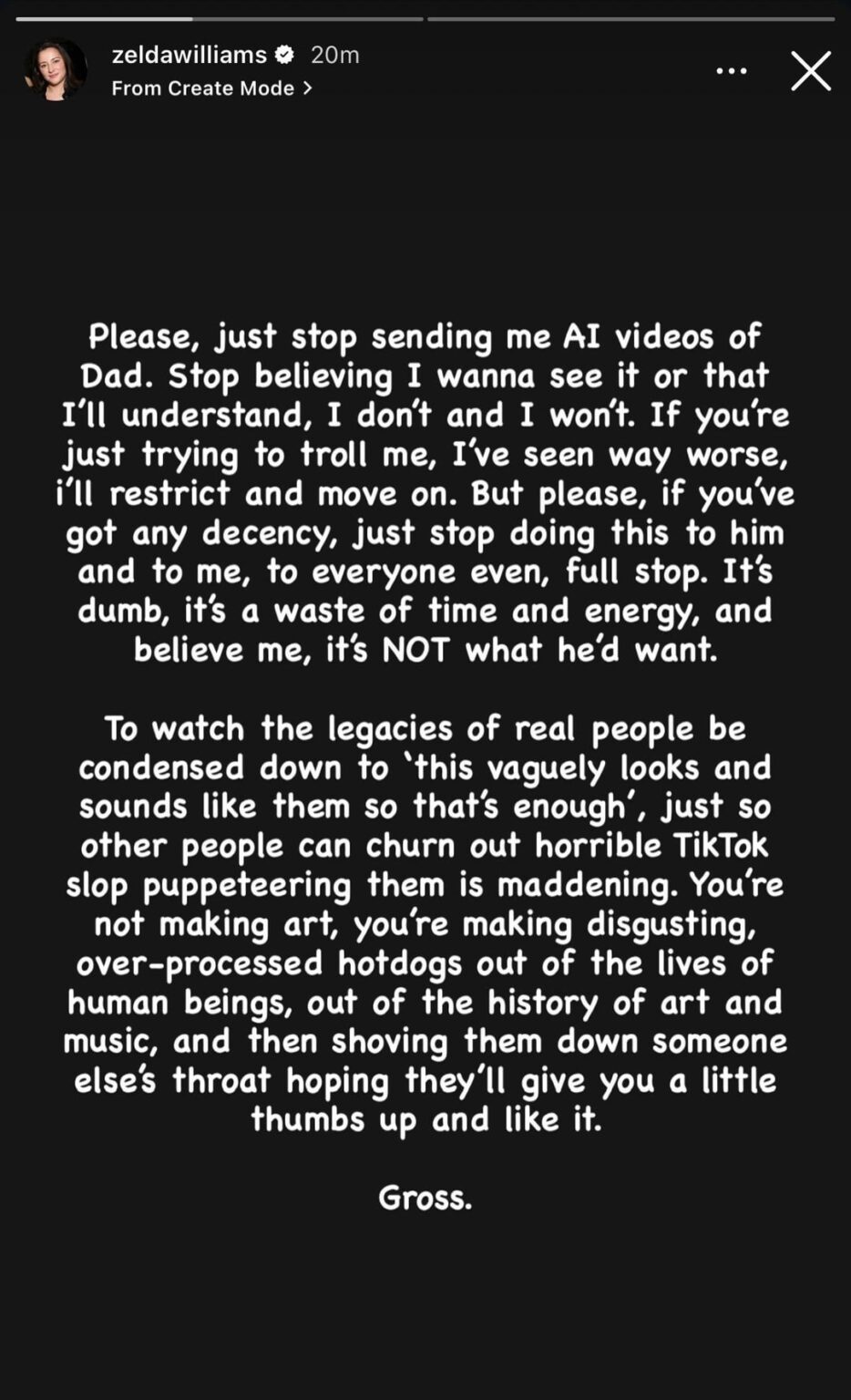 Zelda Williams asks for people to stop sending her AI videos of her Dad