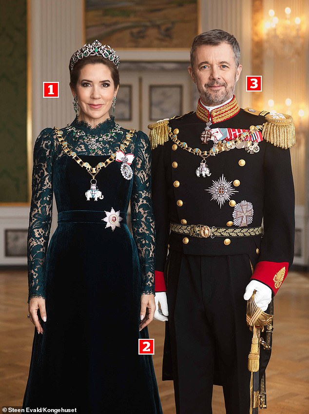 Eagle-eyed fans claimed the royal portrait released in April 2024 exhibited signs of editing, including two images being combined into one (see points 1 & 3) and also noted Queen Mary's hand placement over King Frederik (see point 2)