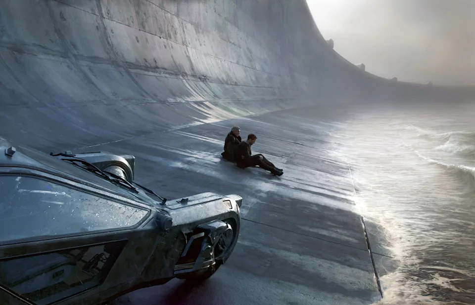 Two people sit by a vast ocean wall near a sleek futuristic vehicle, gazing at the sea. The scene appears calm and contemplative