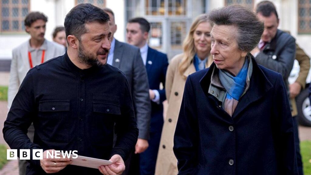 Princess Anne visits Ukraine to support child war victims Thin, purple banner promoting the Royal Watch newsletter with text saying, “Insider stories and expert analysis in your inbox every week”. There is also a graphic of a fleur-de-lis in white.
