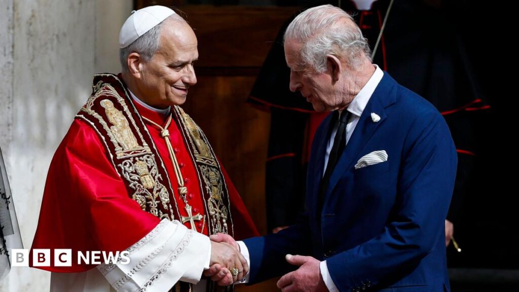 Pope Leo and King Charles make history by praying side by side Pope Leo XIV cloaked in red shaking hands with Queen Camilla wearing all black with a black veil