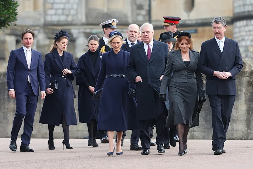 Prince Andrew, Duke of York, Mike Tindall, Sarah Ferguson, Duchess of York, Anne, Princess Royal and Vice Admiral Sir Timothy Laurence