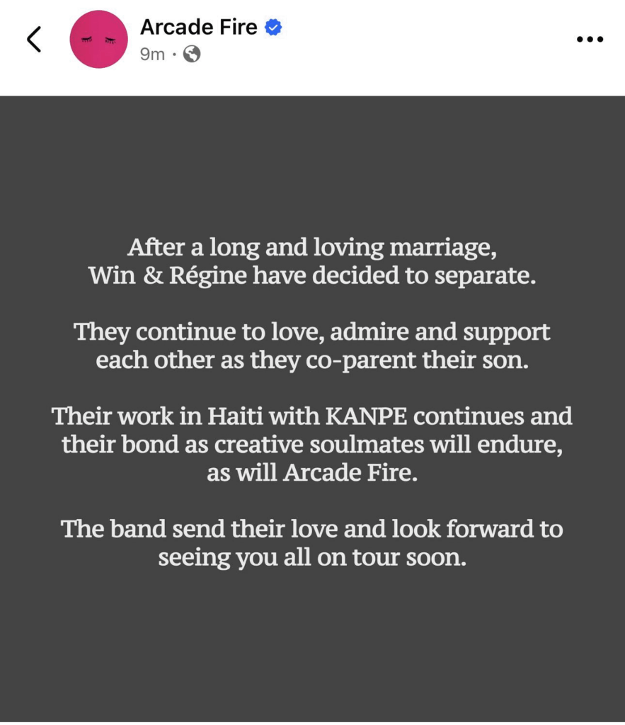 Arcade Fire announces divorce