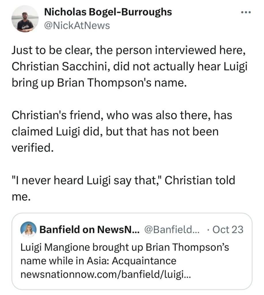 NYT journalist confirms NewsNation reported fake news of Luigi Mangione speaking of slain UnitedHealthcare CEO Brian Thompson months prior to the latter’s death