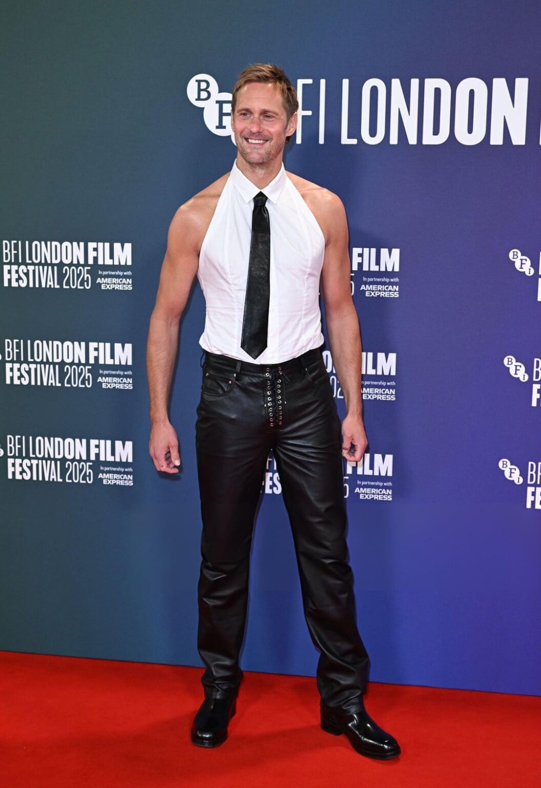 Alexander Skarsgård in Ludovic de Saint Sernin FW25 at the premiere of 'Pillion' during the 69th BFI London Film Festival. Styled by Harry Lambert. (October 18, 2025)