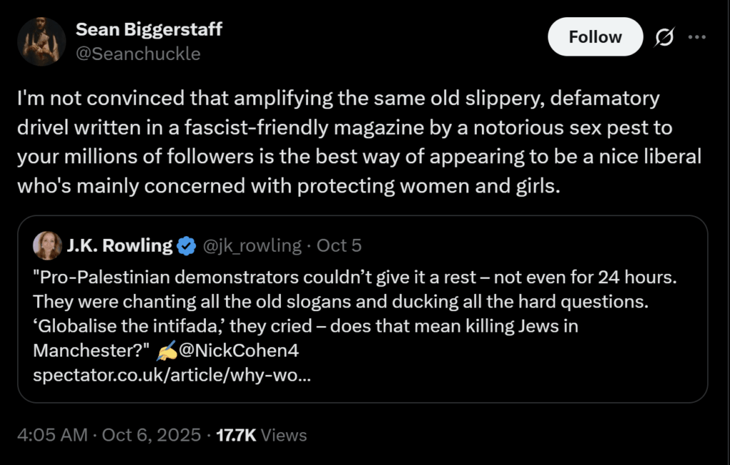 Sean Biggerstaff, who awakened a generation as Oliver Wood in 'Harry Potter', once again comes for hateful goblin JK Rowling