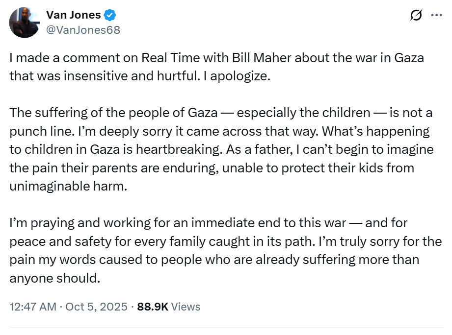 Van Jones Makes a Public Apology on X After Making Insensitive Remarks About Dead Palestinian Babies