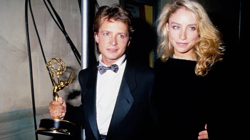 Michael J Fox and Tracy Pollan at the Emmy Awards show in 1987.