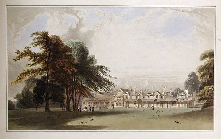 Historic building set amidst a landscaped garden with people walking.