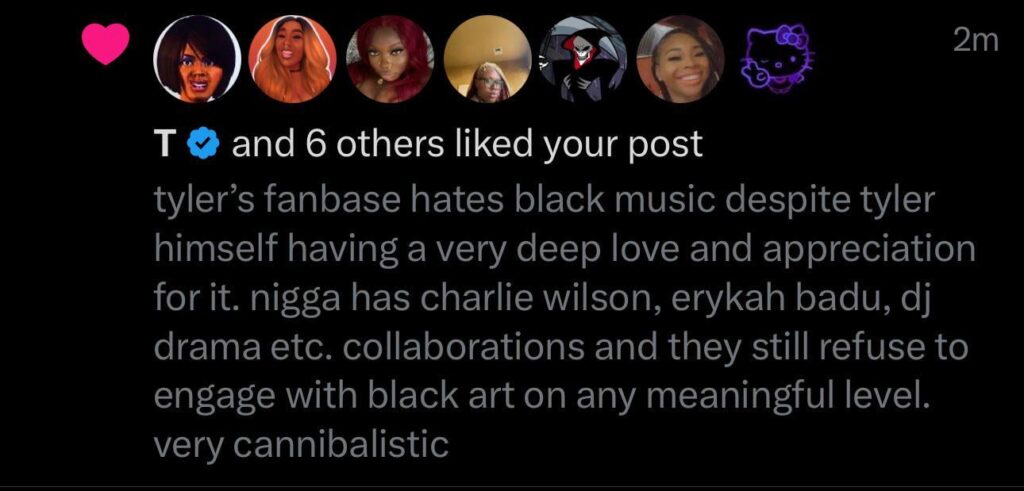 Tyler The Creator likes tweet calling out his white fans for not respecting black artist.