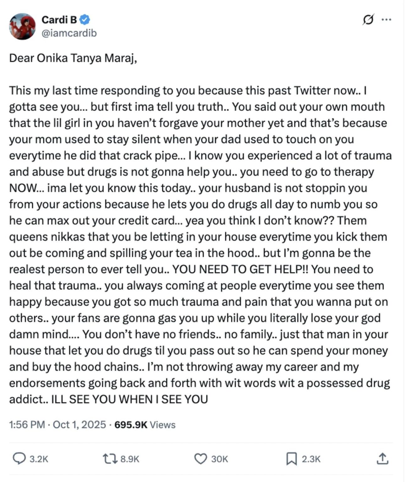 Cardi B's Open Letter to Nicki Minaj