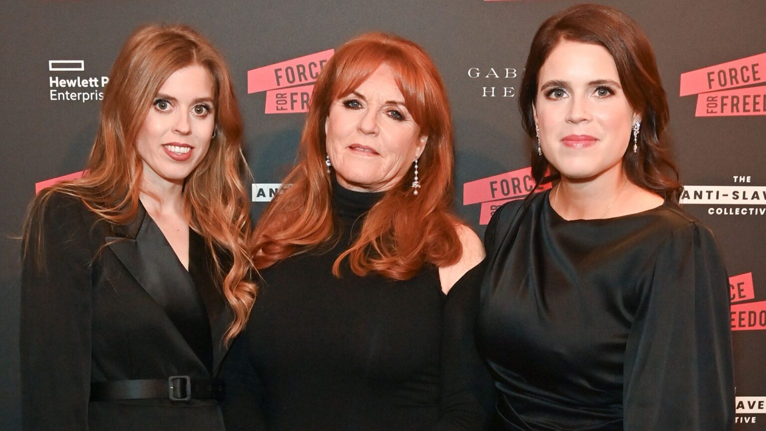 LONDON, ENGLAND - NOVEMBER 29: (L to R) Princess Beatrice of York, Sarah Ferguson, Duchess of York and Princess Eugenie of York attend The Anti Slavery Collective's inaugural Winter Gala at Battersea Arts Centre on November 29, 2023 in London, England. (Photo by Dave Benett/Getty Images for The Anti Slavery Collective)