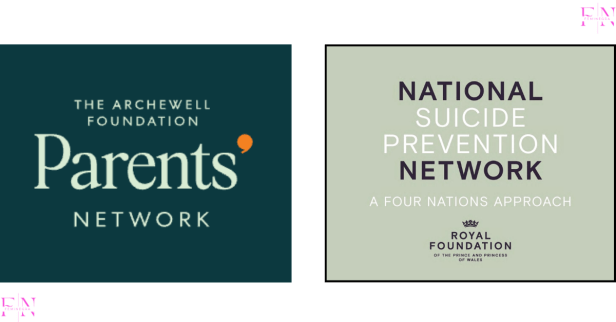 Side-by-side comparison showing Archewell Foundation’s “Parents’ Network” logo beside the Royal Foundation’s “National Suicide Prevention Network,” both using near-identical layouts and themes, highlighting parallels between the Sussexes’ and Waleses’ mental health projects.