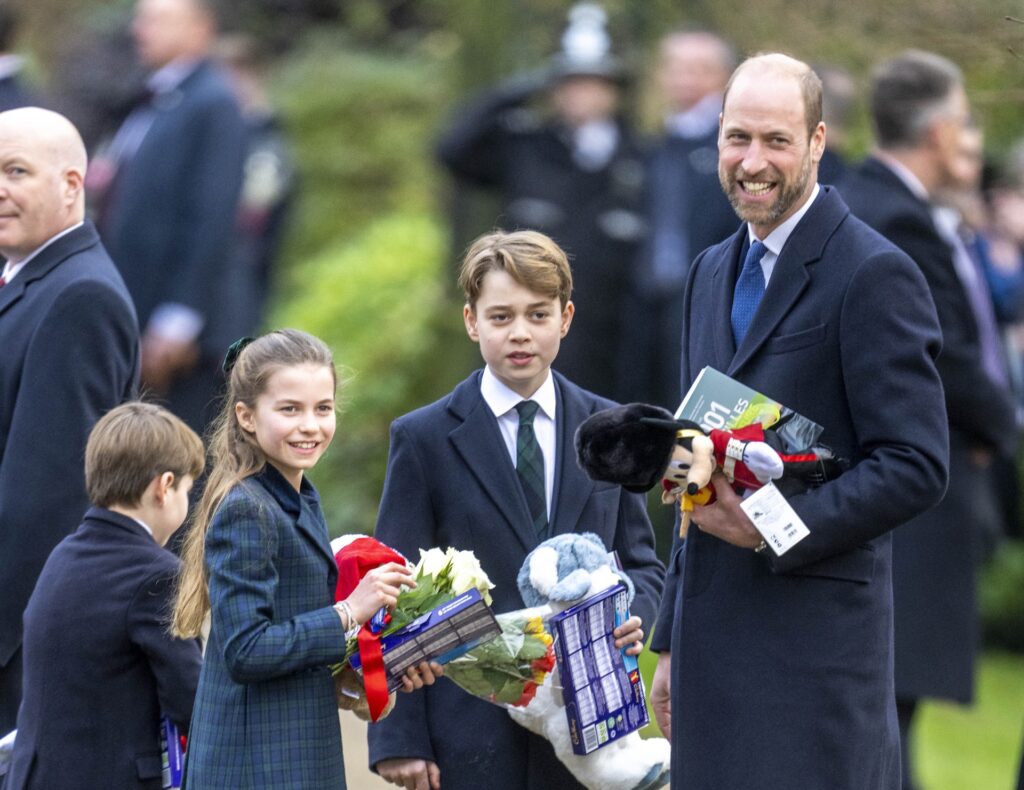 Prince William with Prince George, Louis and Princess Charlotte collecting flowers