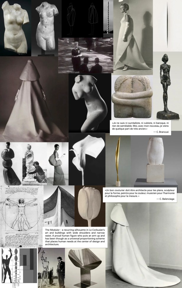 A collage of classical sculptures, vintage couture silhouettes, architectural forms, and anatomical sketches used by Pierpaolo Piccioli as inspiration for Balenciaga’s Spring 2026 collection. Includes quotes from Cristóbal Balenciaga and Constantin Brancusi.