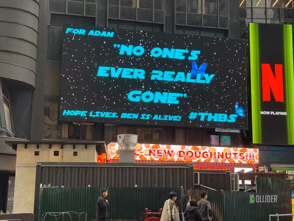 The Hunt for Ben Solo Movement Continues with Billboard in Times Square Times Square billboards light up with ads for Adam, Splinter Cell, and Netflix