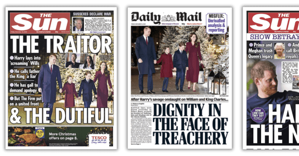 Front pages of UK tabloids including The Sun and Daily Mail label Prince Harry and Meghan Sussex as “traitors” and accuse them of betraying the royal family following the release of their Netflix documentary.