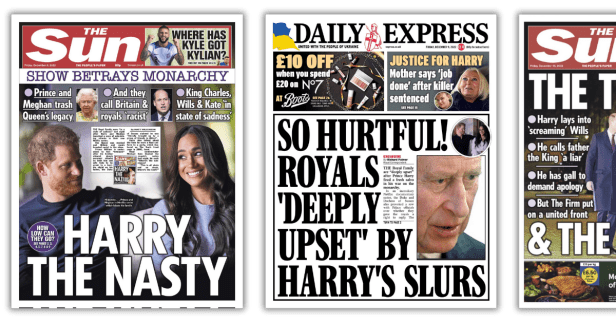 Front pages from The Sun and Daily Express accuse Prince Harry and Meghan Sussex of betraying the monarchy following the release of their Netflix documentary, using headlines like “Harry the Nasty” and “So Hurtful